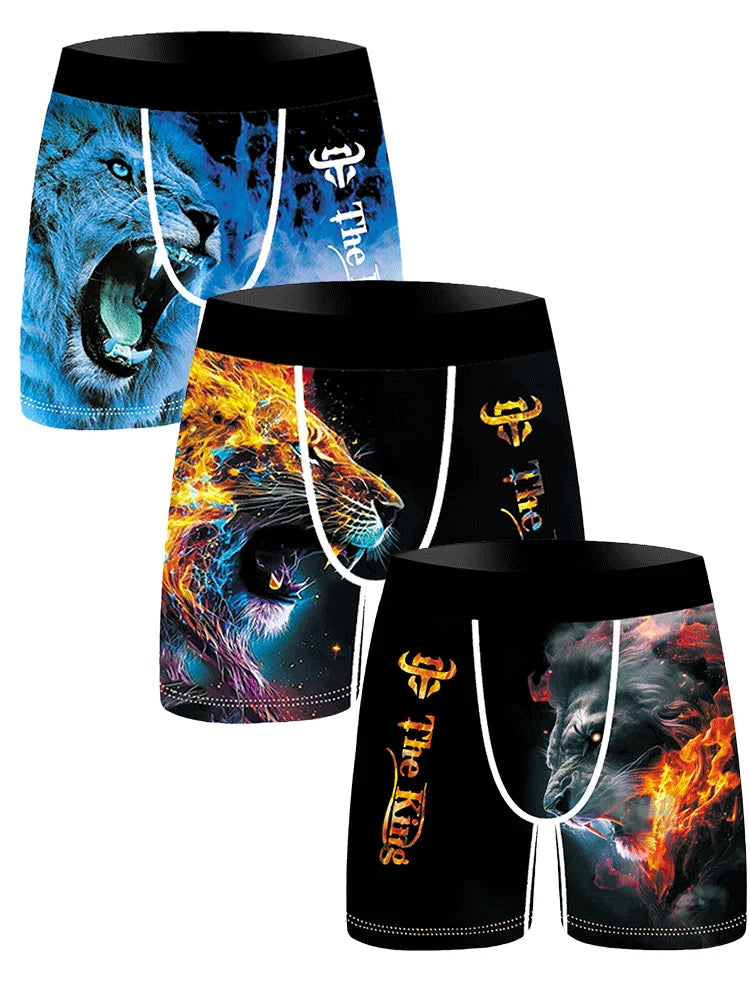 3Pcs Lion Wolf Print Men Underwear Boxers Men's Novelty Underpants