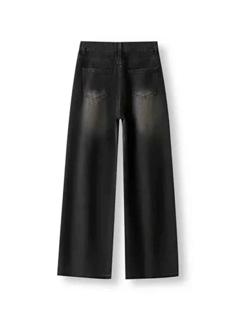 Korean Vintage High Waist Women's Jeans Y2K Slimming Pear-Shaped Loose Straight Bell Bottoms Black Gray Baggy Denim Trousers