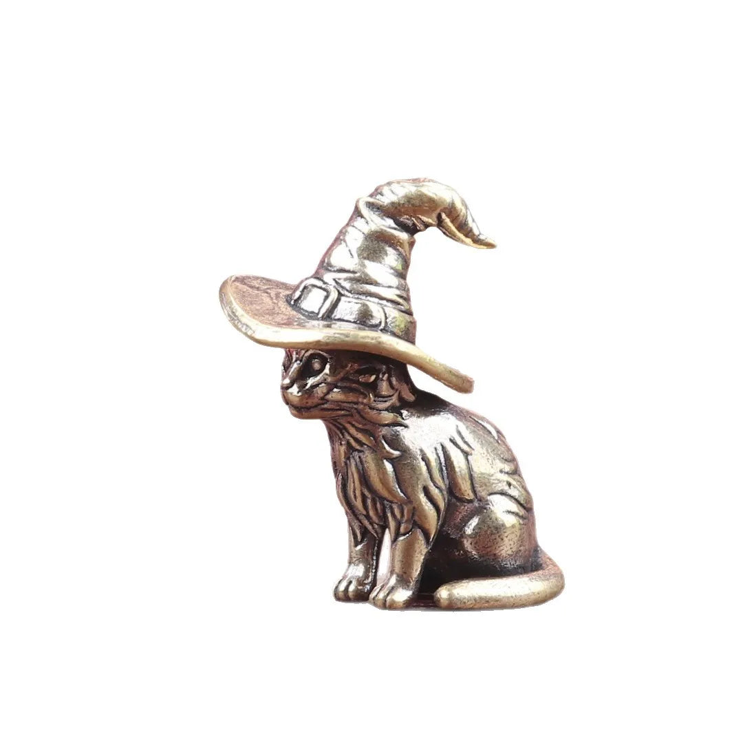 Handmade Solid Brass Magic Witch Cat Ornament Retro Wizard Hat Kitty Statue Home Office Shelf Mini Decor Halloween Gift For Cat Fans