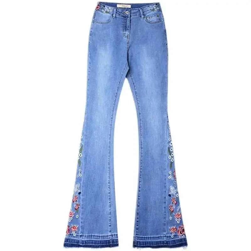 Embroidered Horn Jeans For women Summer 2025 New Light color Elastic High waisted Slim Denim Pants Female Casual Trousers