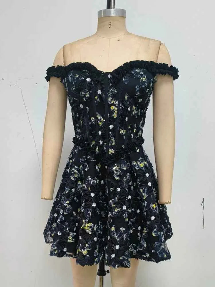 Sexy Off The Shoulder Floral Embroidery Mini Dress Women Ruffles Sleeveless Backless Flowers A-line Dresses Evening Party Gowns