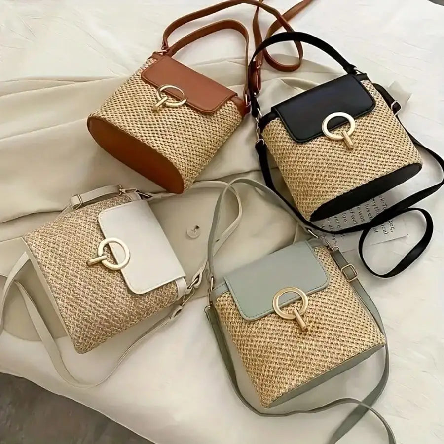 Woven Beach Crossbody Bag, Multi-Functional Adjustable Shoulder Strap, Golden Lock