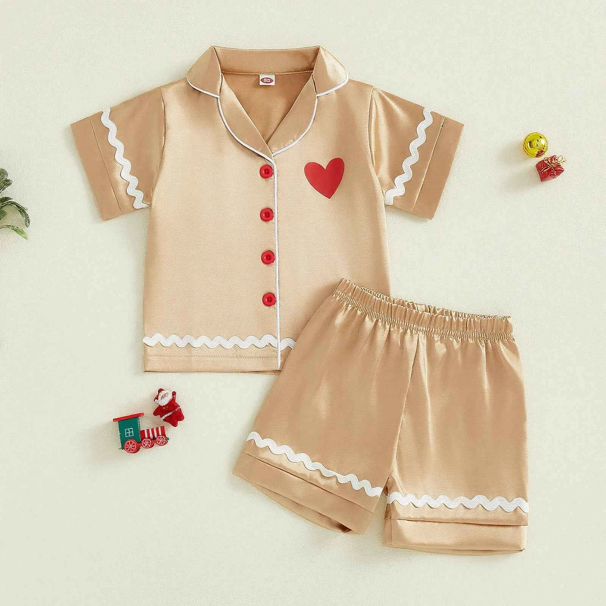 Children s Christmas Satin Pajama Set with Reindeer Print Short Sleeve Lapel Button Down Tops and Shorts 2 Piece Set