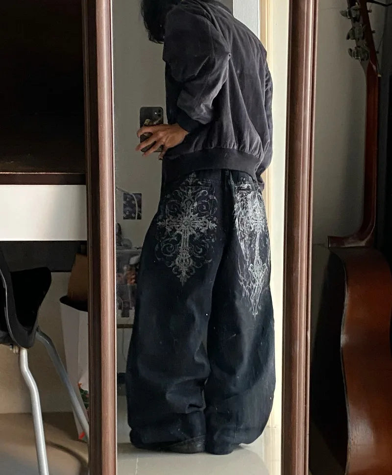 Streetwear New Casual Joker Geometric Print Baggy Jeans Female Y2K Gothic Hip Hop Popular Straight Wide-leg Trousers
