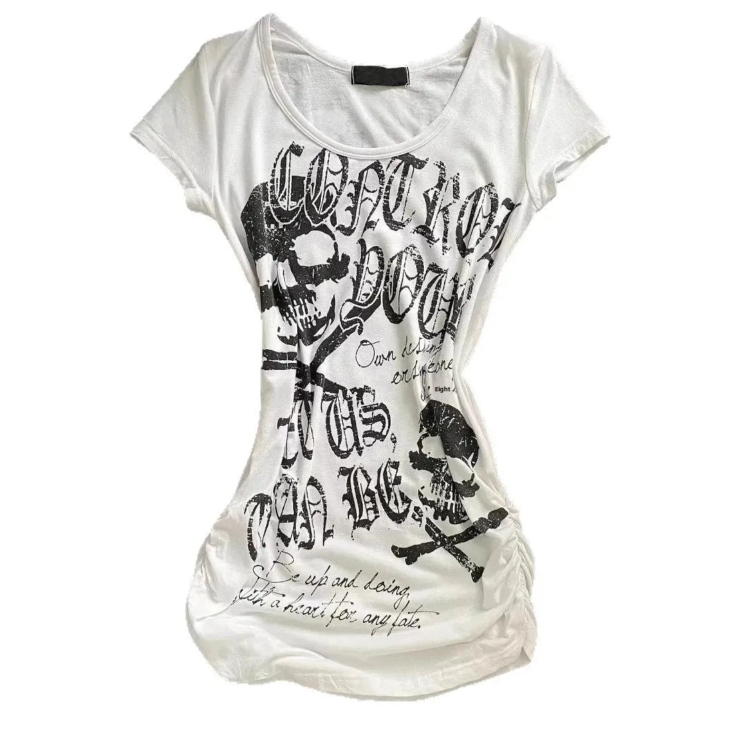 Retro Hot Girl Vintage Punk Rock Short Sleeve Waist Cinched Skull Head Print American Style Top Women's T-shirt Crew Neck