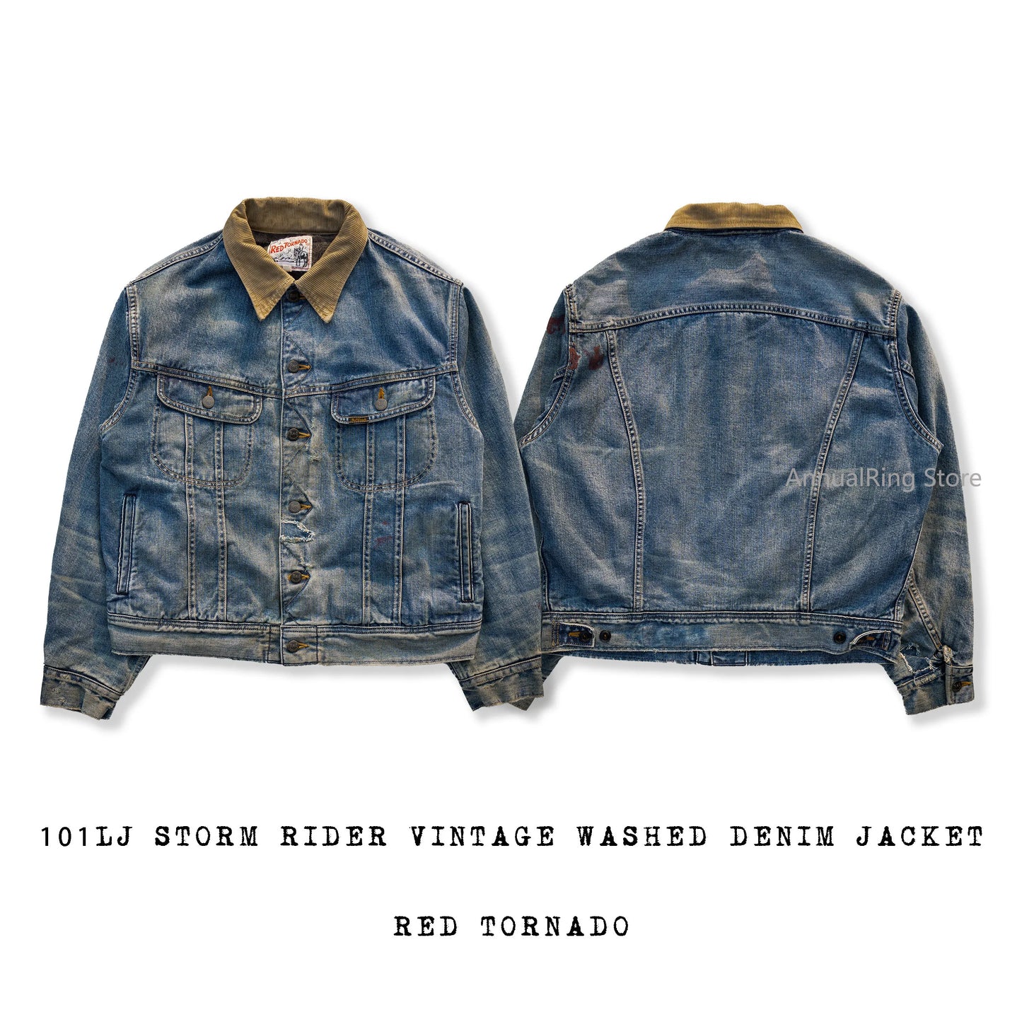 Red Tornado Distressed Denim Jacket with Blanket Lining Vintage Wash Motorcycle Style Crop Rider Trucker Jacket