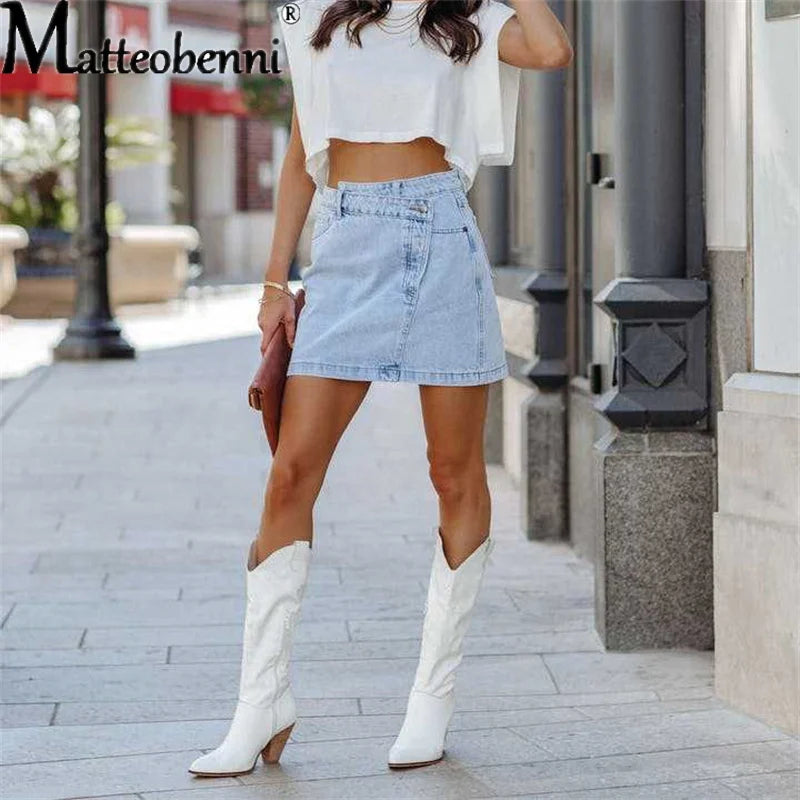 2022 Women's Irregular Mini Denim Skirt High Waist Fashion Slim Elastic Straight Summer Sexy Vintage Casual Splicing Short Skirt