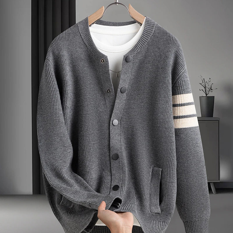 Affordable Luxury Men Long-Sleeved Sweater Jacket Round Neck Real Pocket Single-Breasted Knitwear Classic Trend Men's Clothing