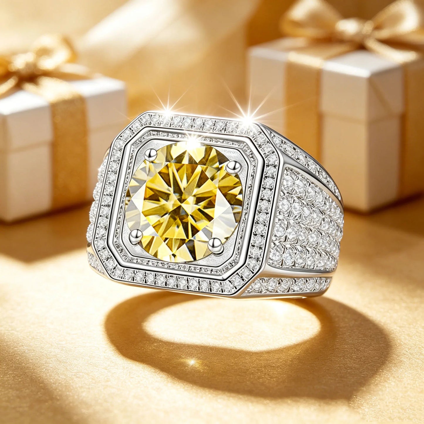 925 silvers yellow moissanite wide ring, starry sky classic men's ring, jewelry, geometric fashion,