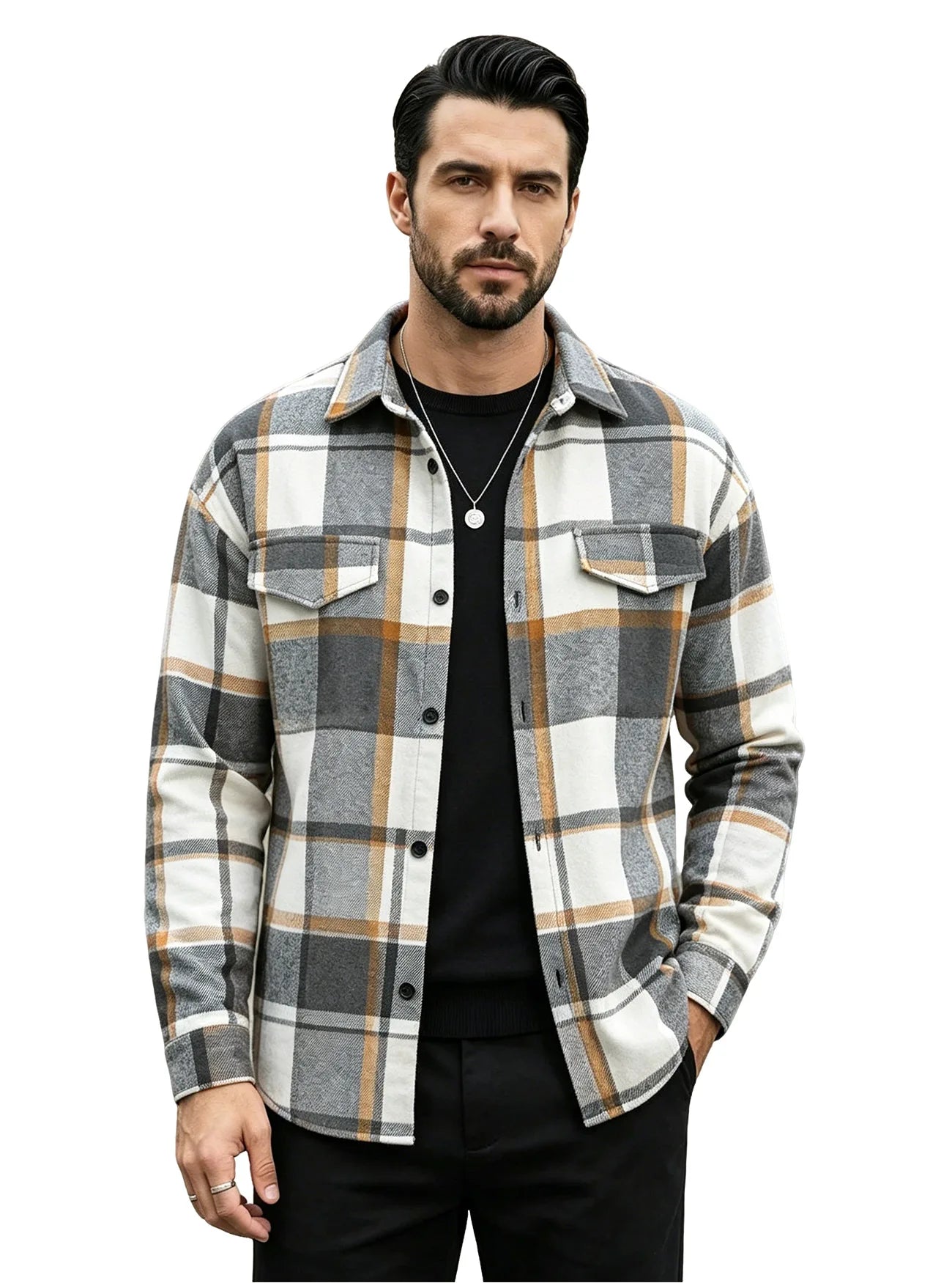 Men's Plaid Flannel Shirt Long Sleeve Button Down Casual Shacket with Flap Pockets Autumn Winter Streetwear Top