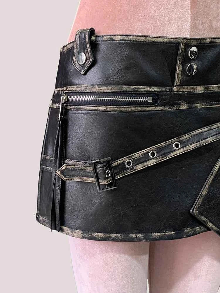 Mauroicardi Summer Distressed Black Pu Leather Mini Asymmetrical Skirts for Woman High Waist Short Emo Clothes New Arrivals 2025