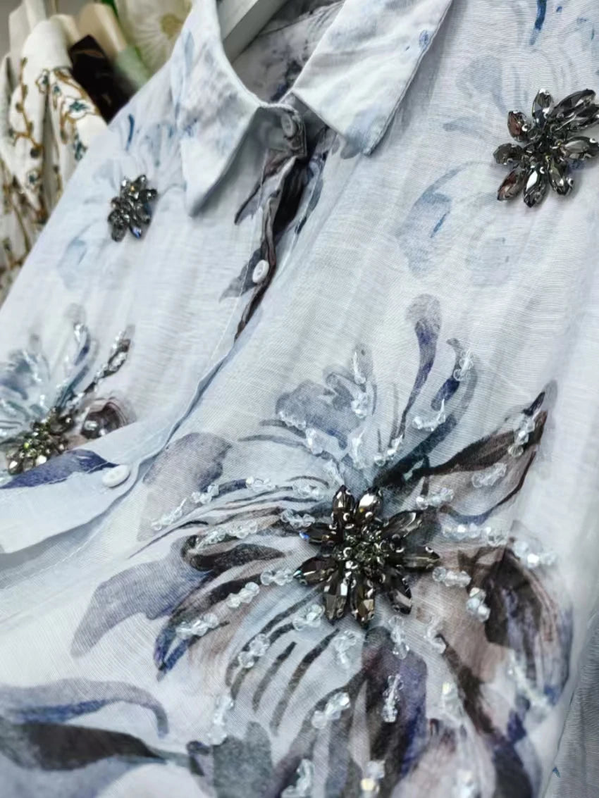Luxury Design Summer Sparkle Diamonds Crystal Stitch Lightweight Sunscreen Shirts Blouses for Women's Thin Top Woman Clothing
