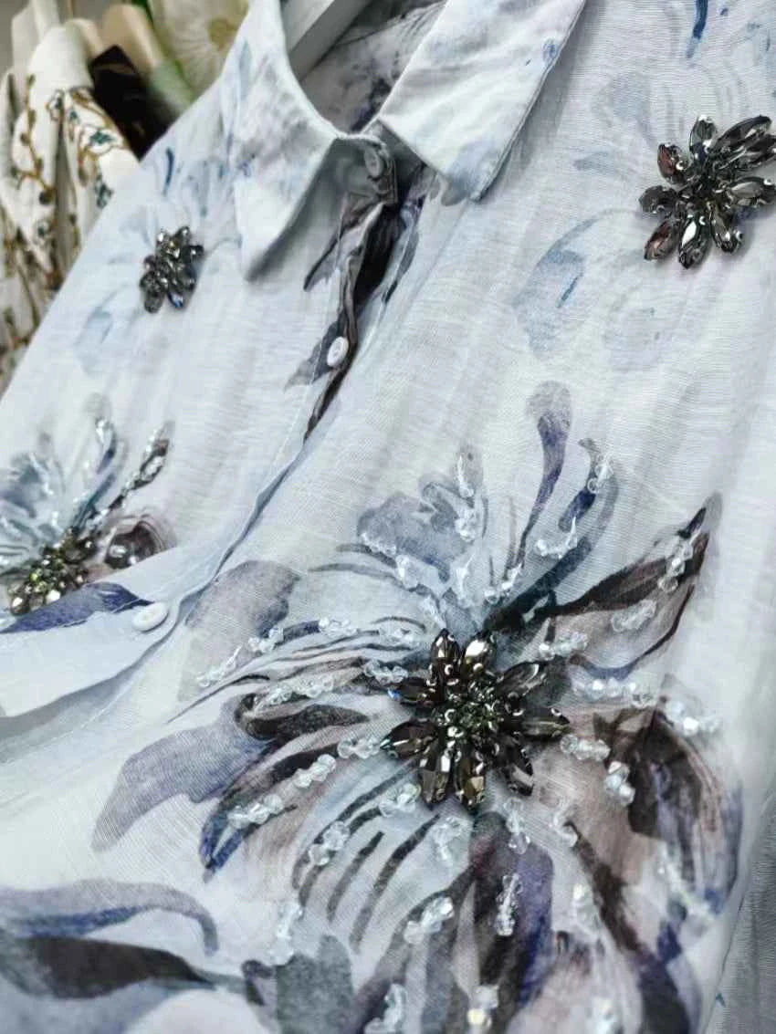 Luxury Design Summer Sparkle Diamonds Crystal Stitch Lightweight Sunscreen Shirts Blouses for Women's Thin Top Woman Clothing