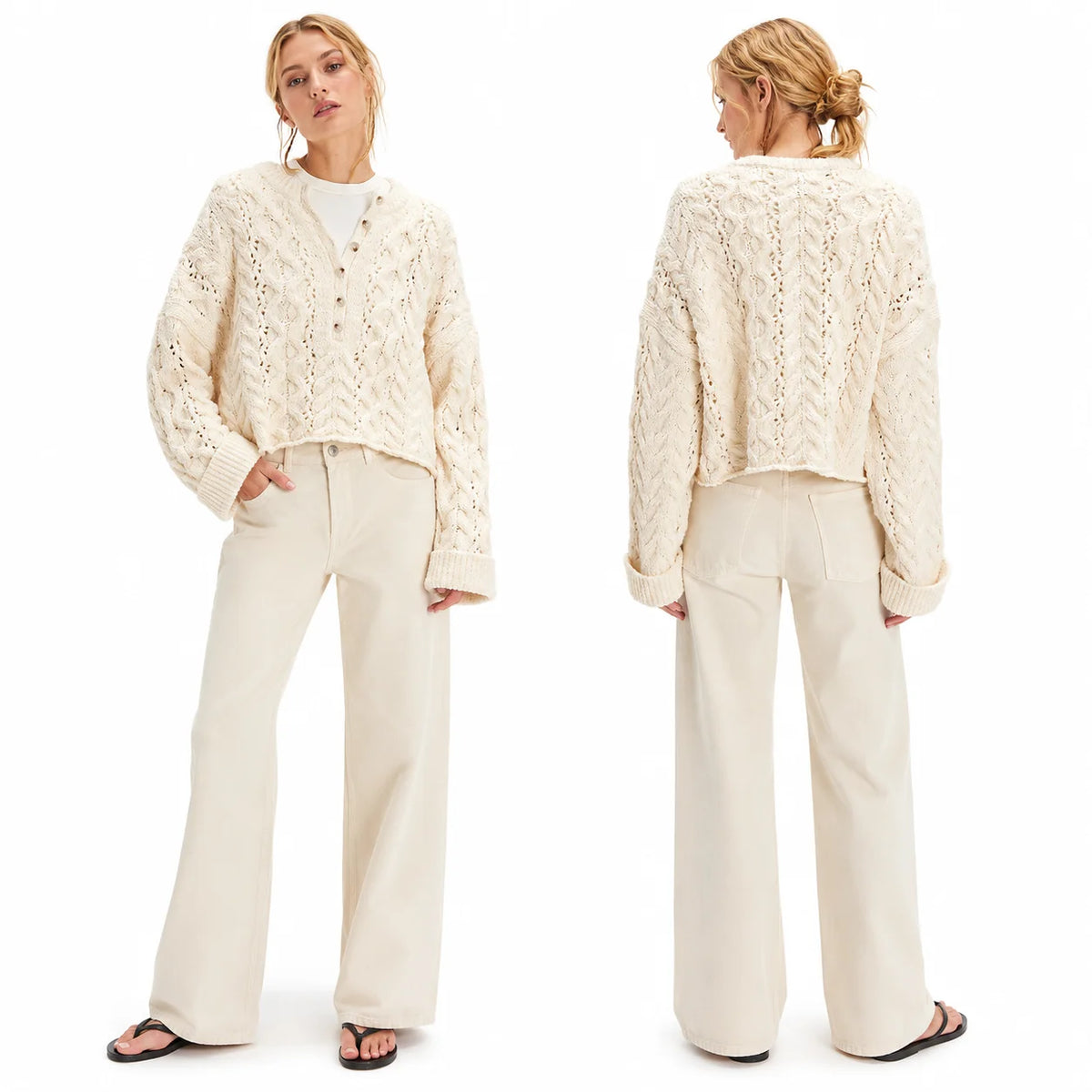 Oversized Chunky Cable Knit Henley Sweater for Women, Half Button V‑Neck Cropped Long Sleeve Pullover, Loose Casual Textured Knit Jumper