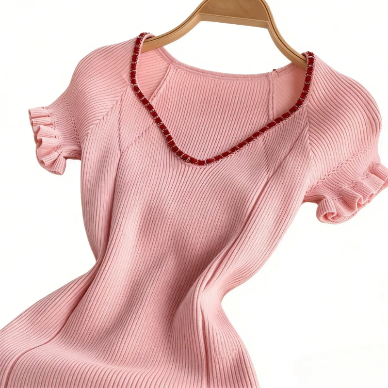 Women's Pink Short Sleeve Ruffle Trim V-Neck Sundress Trim Stretchy Ribbed Knit Bodycon Mini Dress Casual Party Clubwear Dress