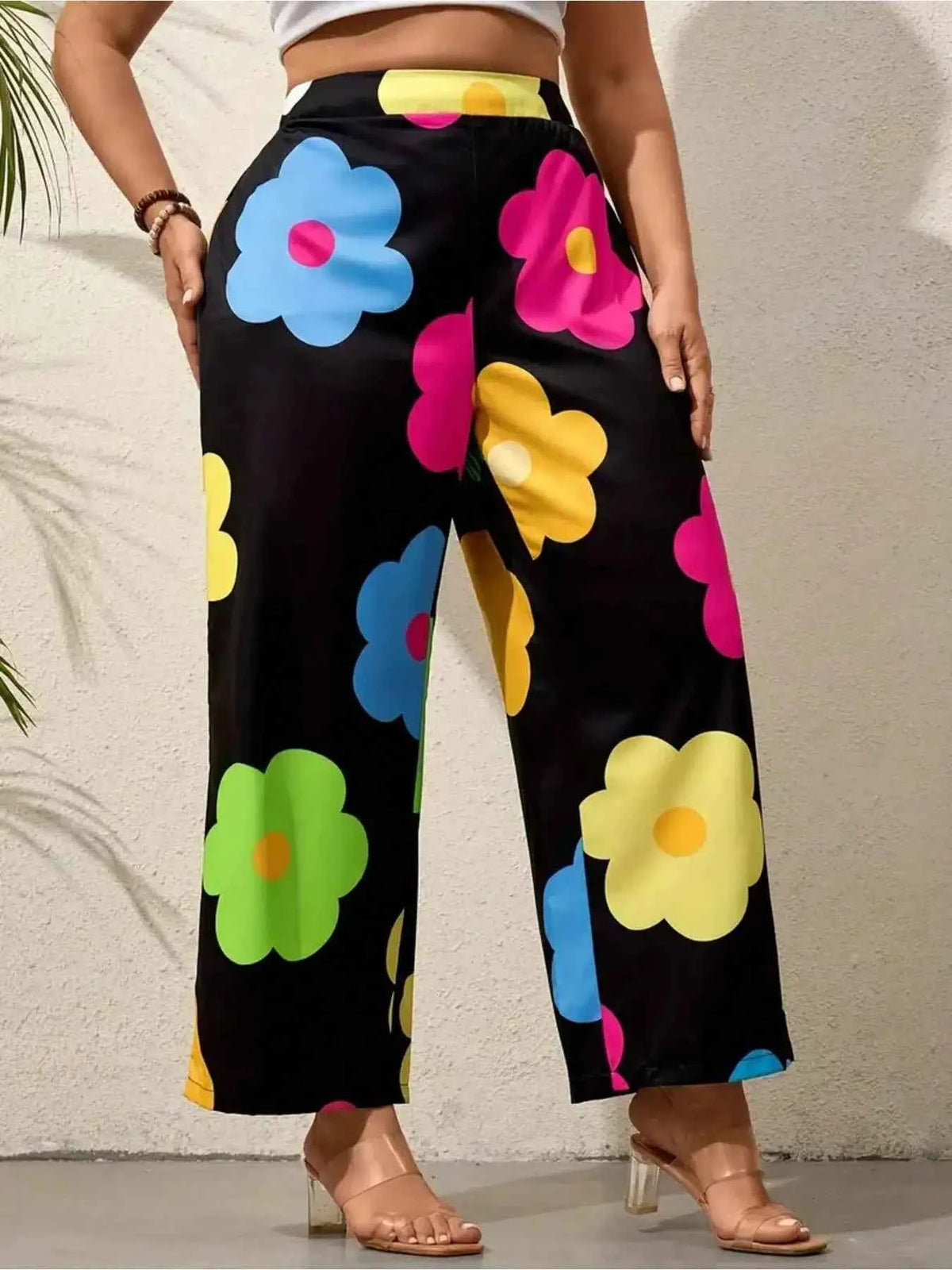 Plus Size Colorful Flower Print Wide Leg Pants, Vacation Style High Waist Pants For Spring & Summer, Women's Plus Size Clothing