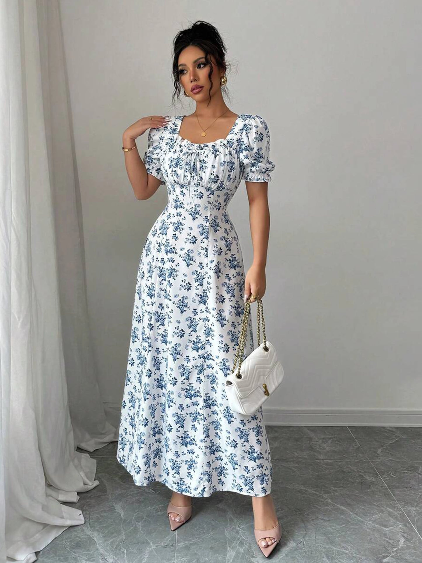 Women's Summer Elegant Casual Puff Sleeve Square Neck White & Blue Floral Print Maxi Dress Luxury Designer dresses