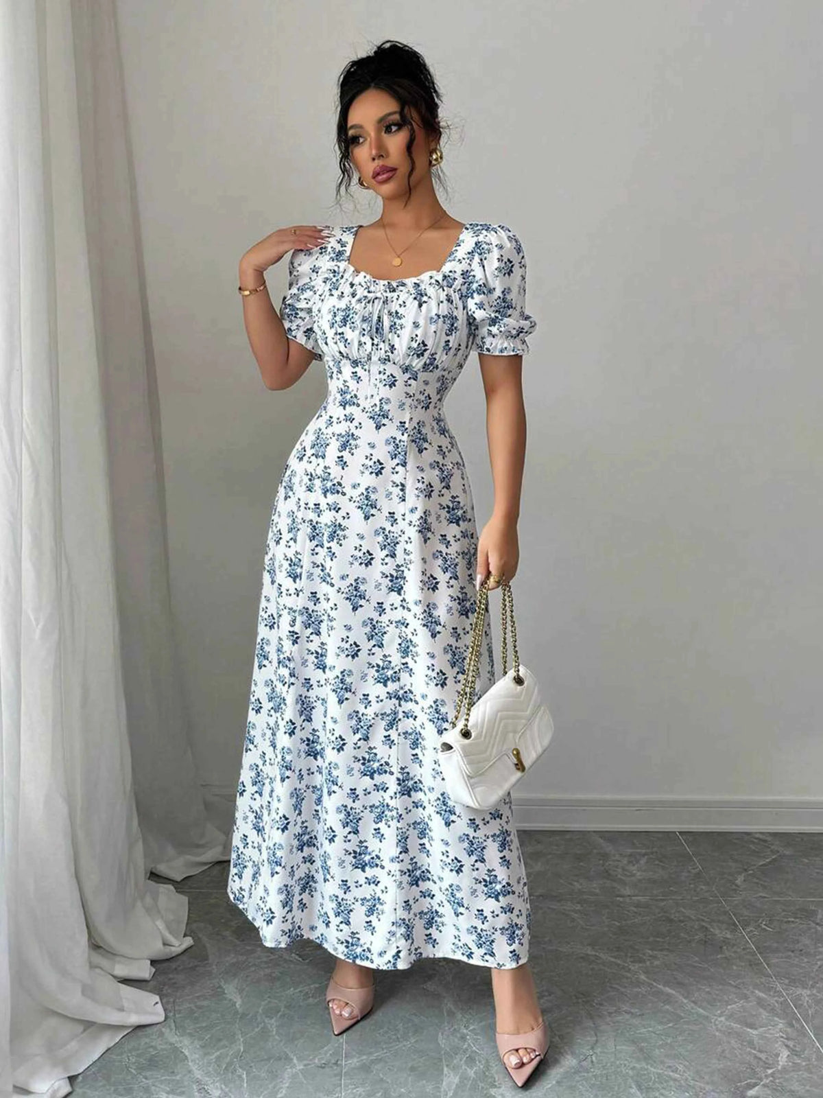 Women's Summer Elegant Casual Puff Sleeve Square Neck White & Blue Floral Print Maxi Dress Luxury Designer dresses