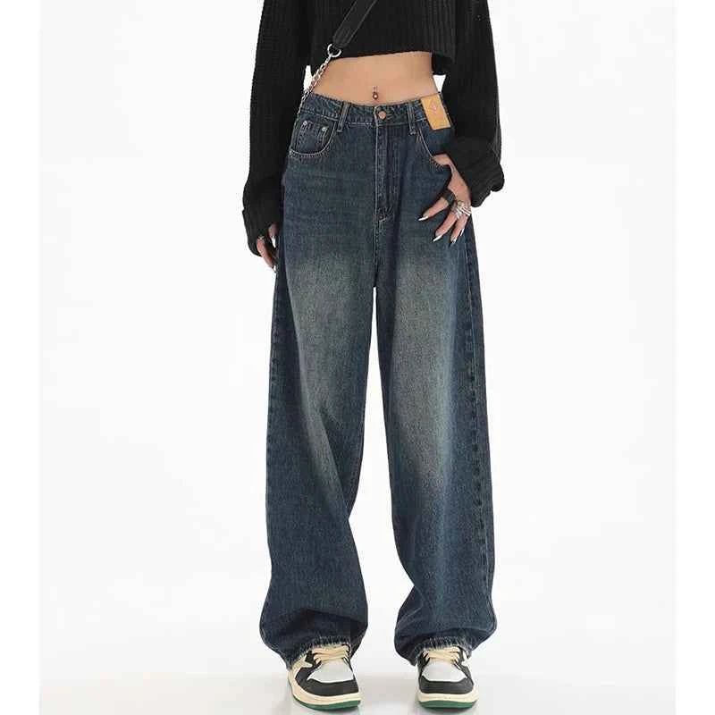 Female Classic Retro High Waist Baggy Jeans Women Korean Daily Straight Leg Denim Trousers Girls Comfortable Long Pants