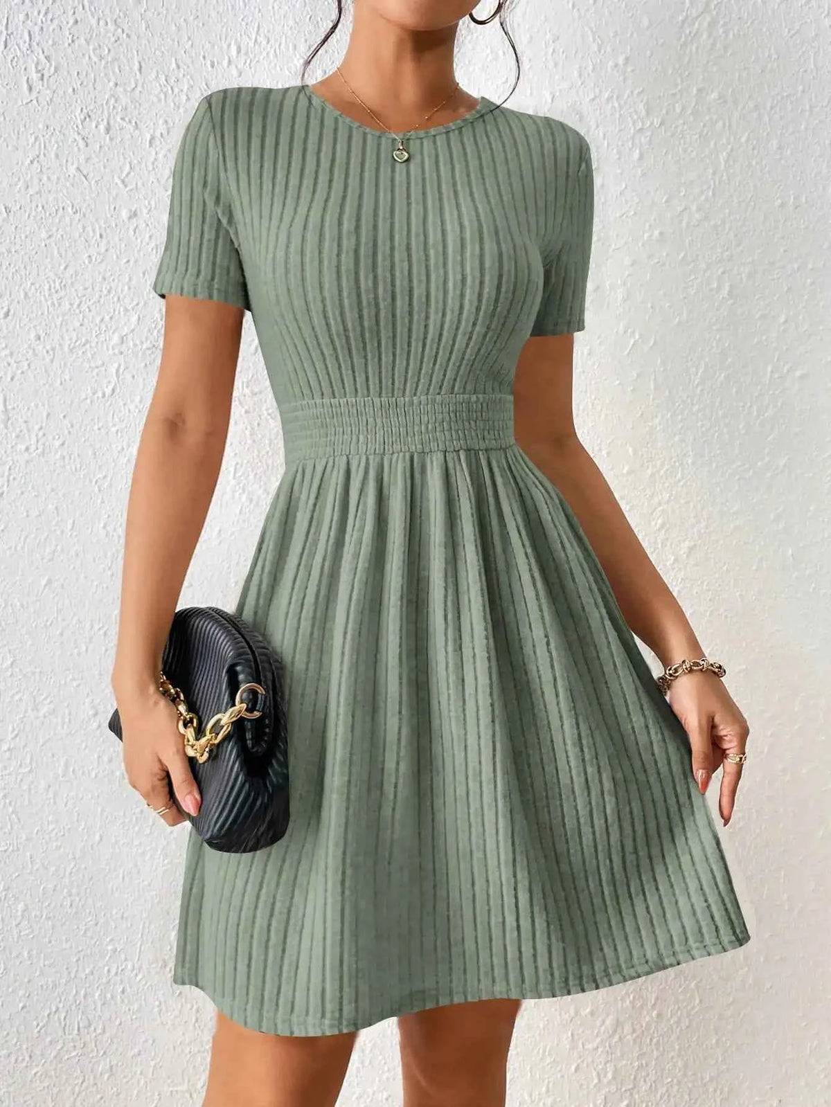 Fashionable Casual Solid Color Ribbed Waist Knitted A-Line Dress New Arrival Comfortable Elegant Women's Clothing