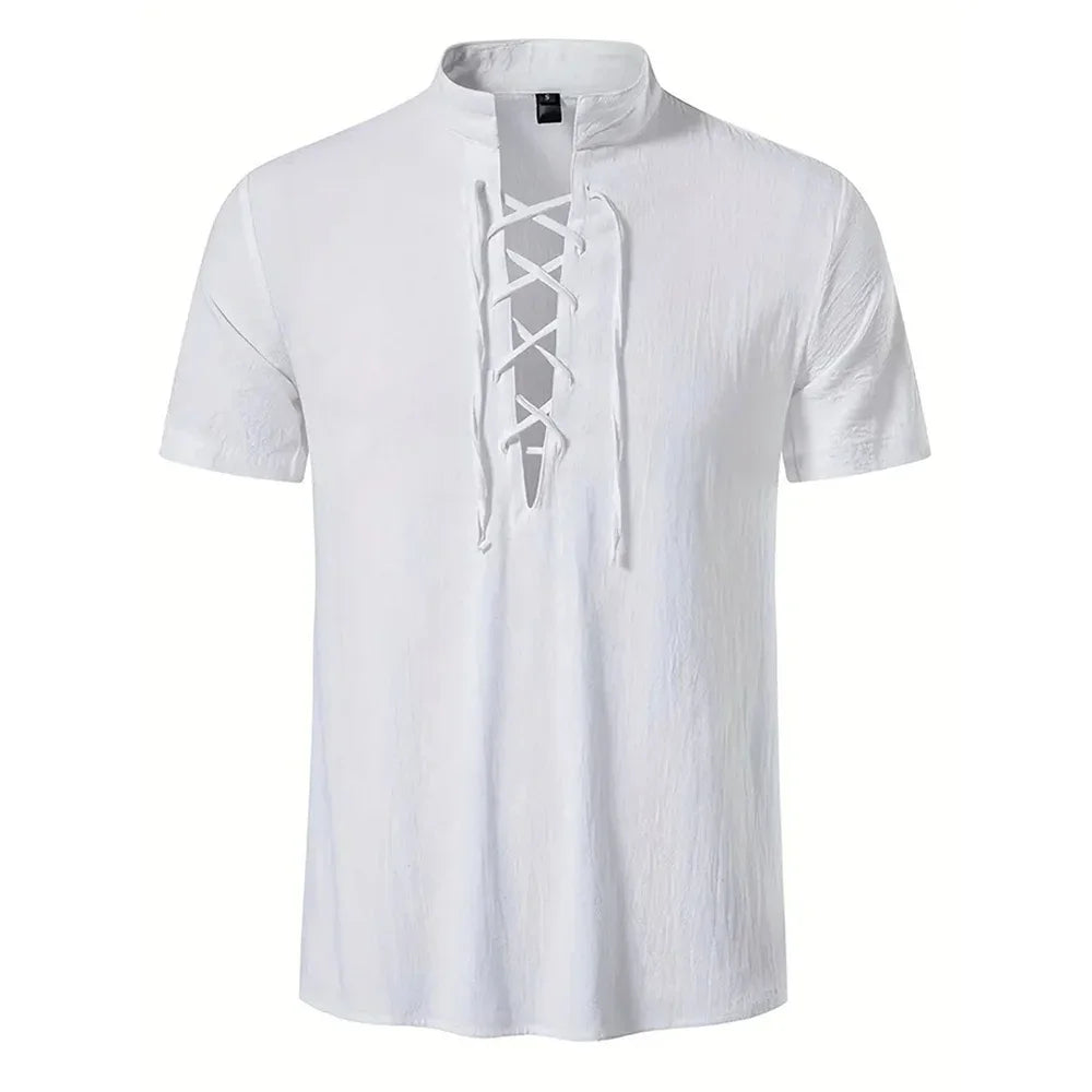 Men's Retro Shirt Short Sleeve Cotton Linen Lightweight Breathable Solid Color Fashion Tops Pirate V-neck Male Stylish Shirts