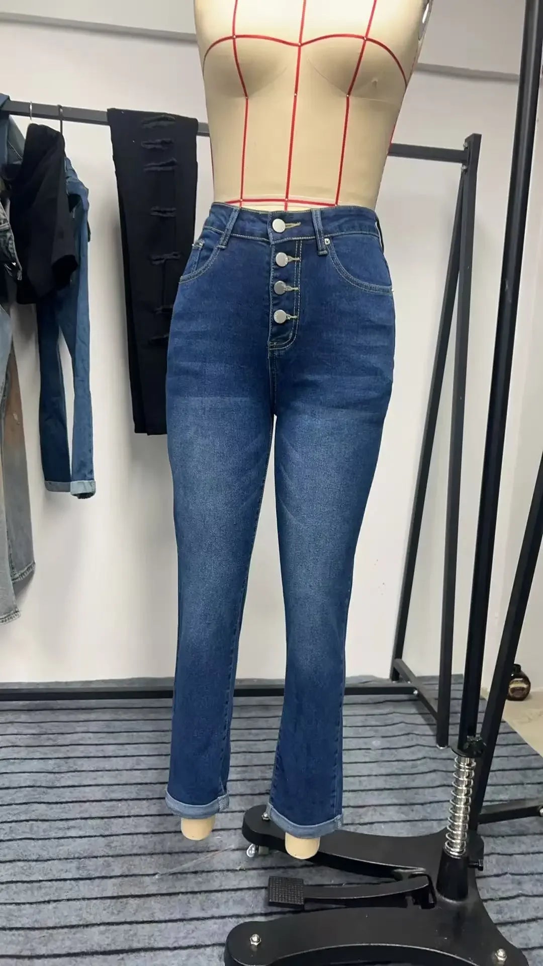 Y2k Jeans For Woman Blue Stretch Denim Pants Multiple Buttons Rolled Hem Ankle Length Fashion Trousers