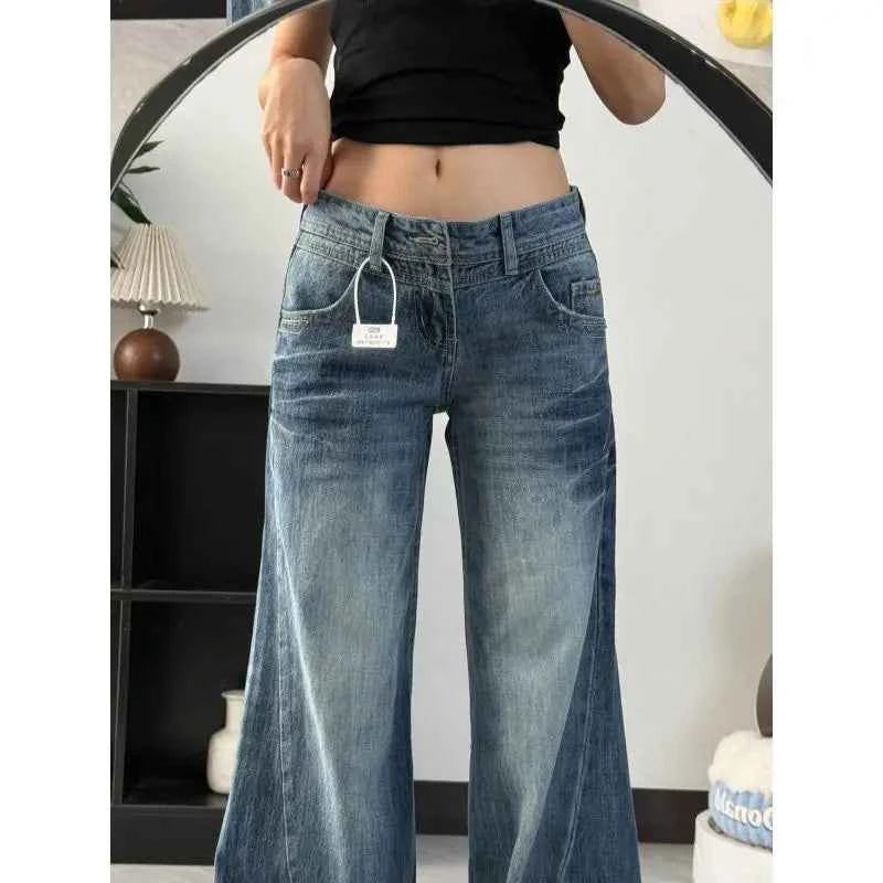 New American Vintage Edgy Low Waist Washed Jeans Women Lightning Crack Flared Wide Leg Floor Length Versatile Denim Pants