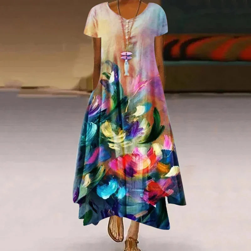 Women's Fashionable Dandelion Short Sleeved Dress Summer Casual Print Long Dress