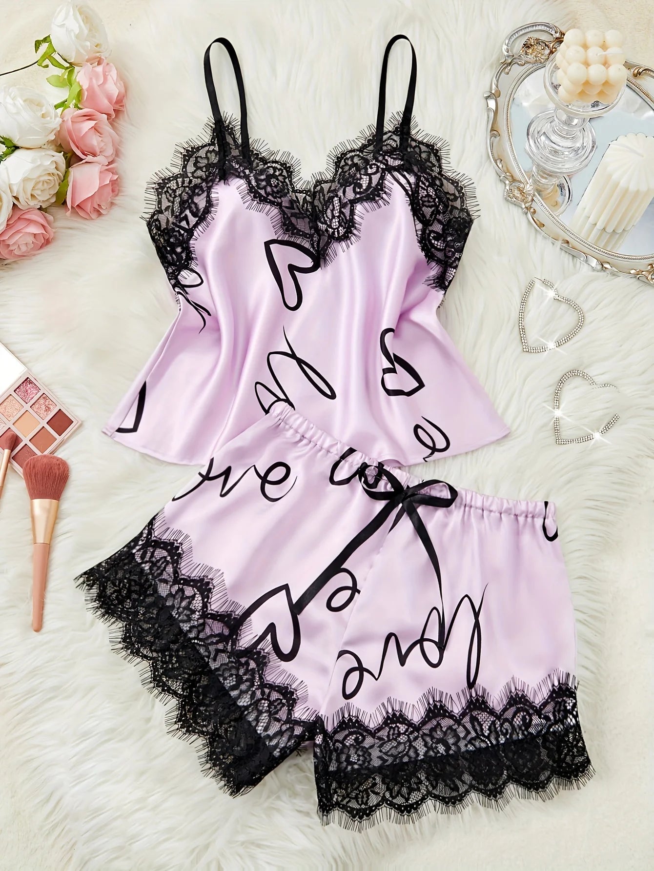 Women‘s Milk Silk Pajamas Set Summer Sleeveless Yellow Heart Print Lace Trim Soft Summer Sleepwear Lounge Sets Nightwear