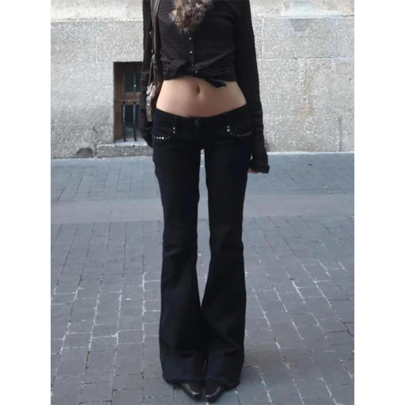 Women's Low Rise Jeans Black Flared Denim Pants Gyaru American Retro Korean Cyber Punk Trumpet Jeans Y2k Skinny Bell Bottom New