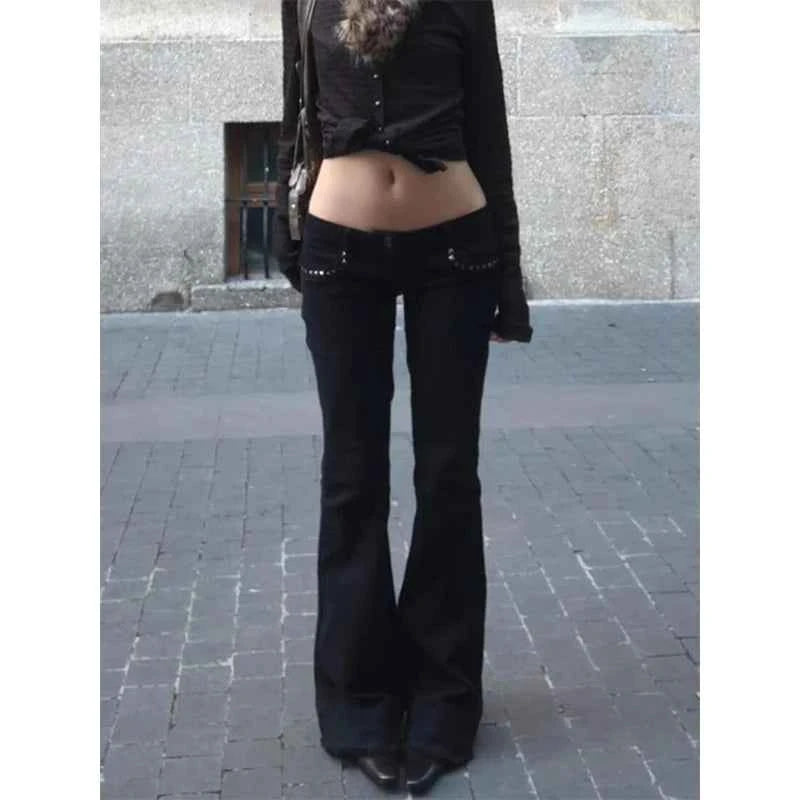 Women's Low Rise Jeans Black Flared Denim Pants Gyaru American Retro Korean Cyber Punk Trumpet Jeans Y2k Skinny Bell Bottom New