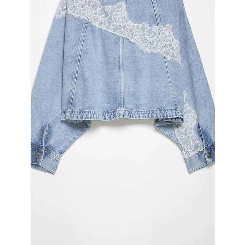 YENKYE New 2026 Women's Light Blue Lace Patchwork Cropped Denim Jacket Front Button Long Sleeve Loose Coat Streetwear