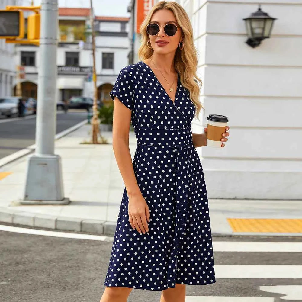 Women's V-Neck Wrap Dress with Pockets, Short Sleeve Polka Dot Casual Summer Dress