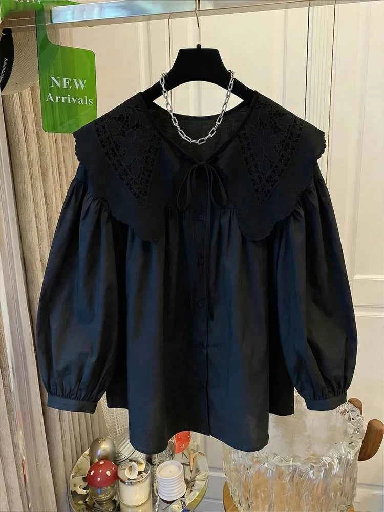 Women's Casual Loose Doll Collar Blouse, Elegant Lace Trim Peter Pan Collar Shirt, Sweet Daily Top for Spring Summer