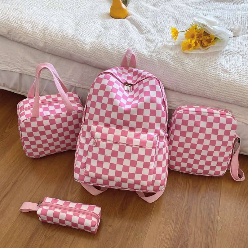 Checkerboard 4Pcs Backpack Set Crossbody &handbag &Pen Case Stitching Multi Pocket Adjustable Straps