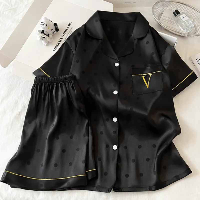 New Luxury Light Heart Ins Style Summer Pajamas for Women, Short Sleeve and Shorts, Ice Silk with Letter Embroidery Homewear Set