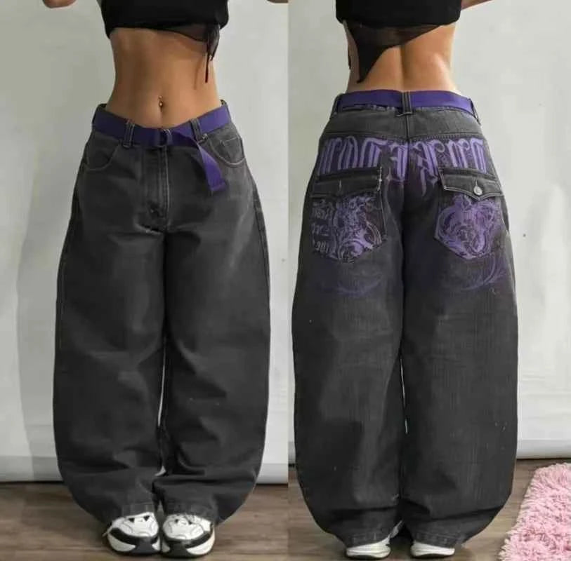 Y2K New Fashion Pink Pattern Patch Loose Jeans Women Gothic Harajuku Hip Hop Casual Joker Wide Leg Denim Trousers