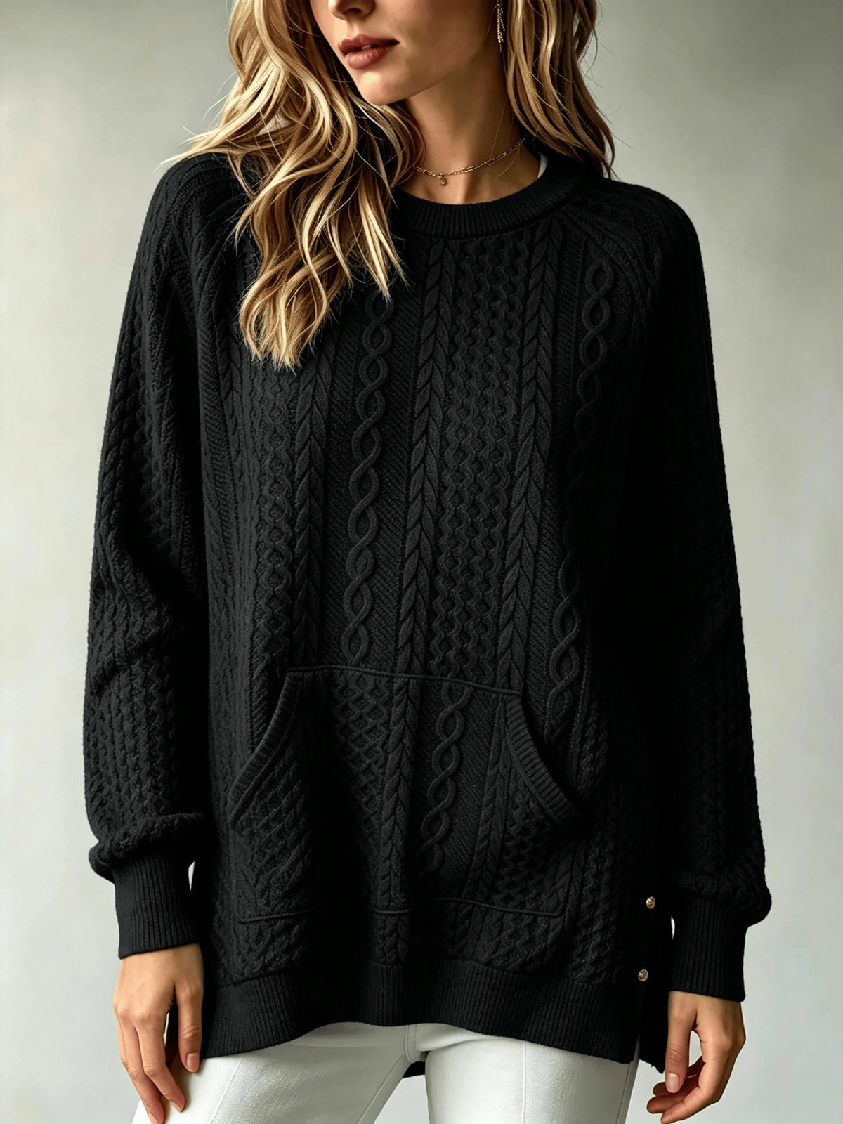 Women Cable Knit Sweater With Kangaroo Pocket Long Sleeve Crew Neck Loose Pullover Sweaters Casual Oversized Fall Winter Jumper For Ladies