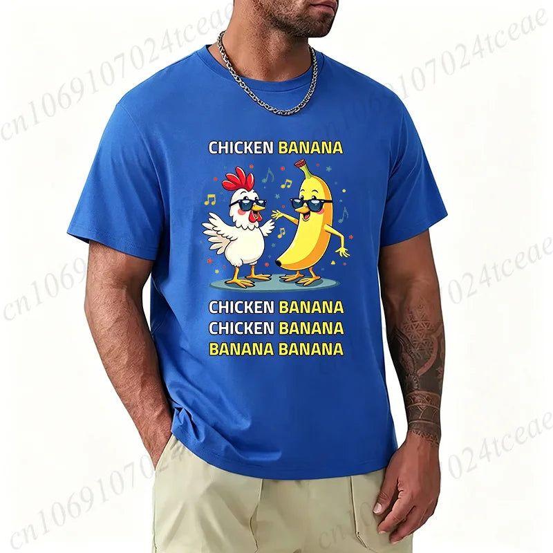 Unisex Chicken Banana Meme T Shirt Funny Cartoon Chicken Banana with Sunglasses Graphic Tee Music Short Sleeve Oversized Tops