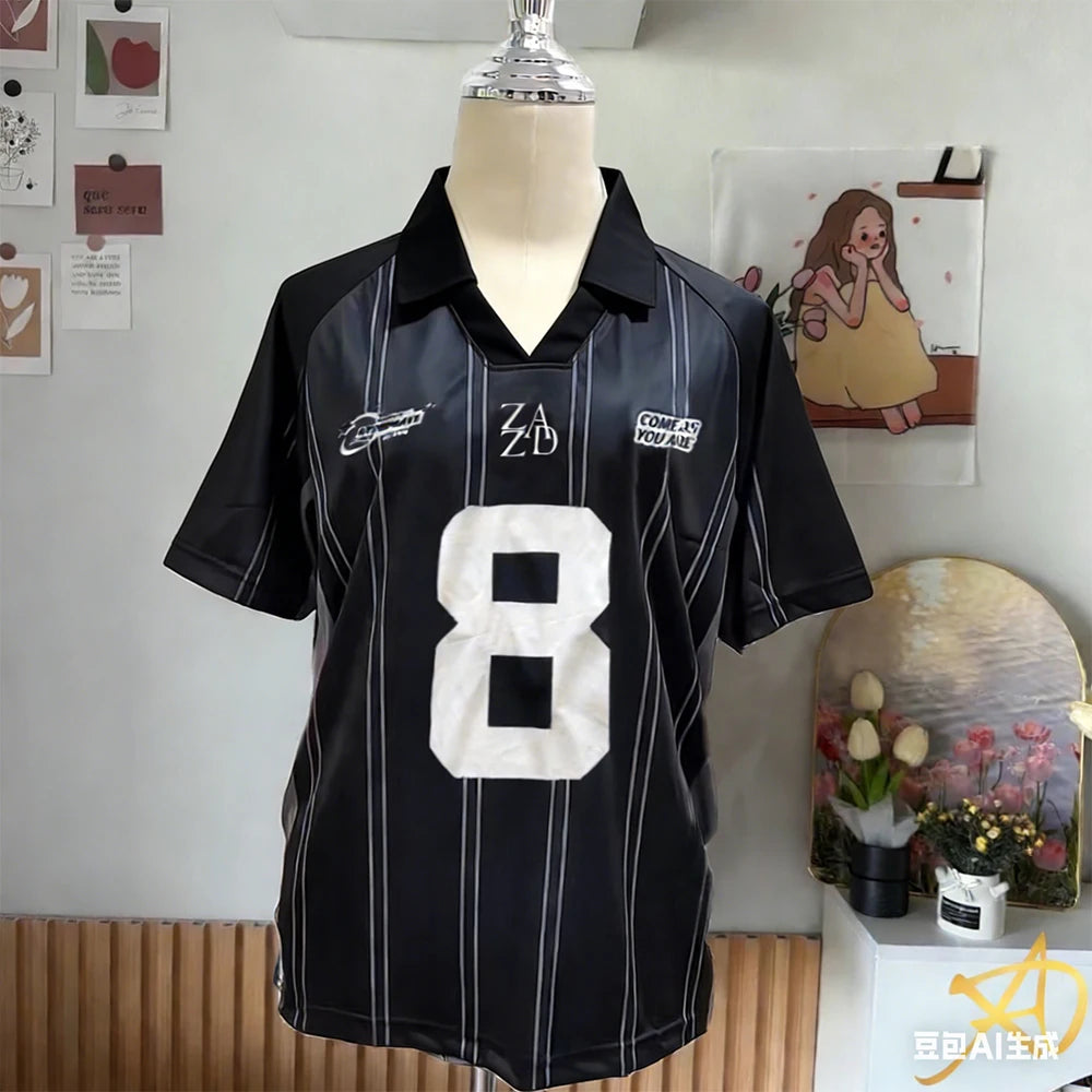 Summer Women's New No.8 Oversized Short sleeved T-shirt Street Y2K Fashion Leisure Sports Jersey Men Letter Printed Polo Shirt