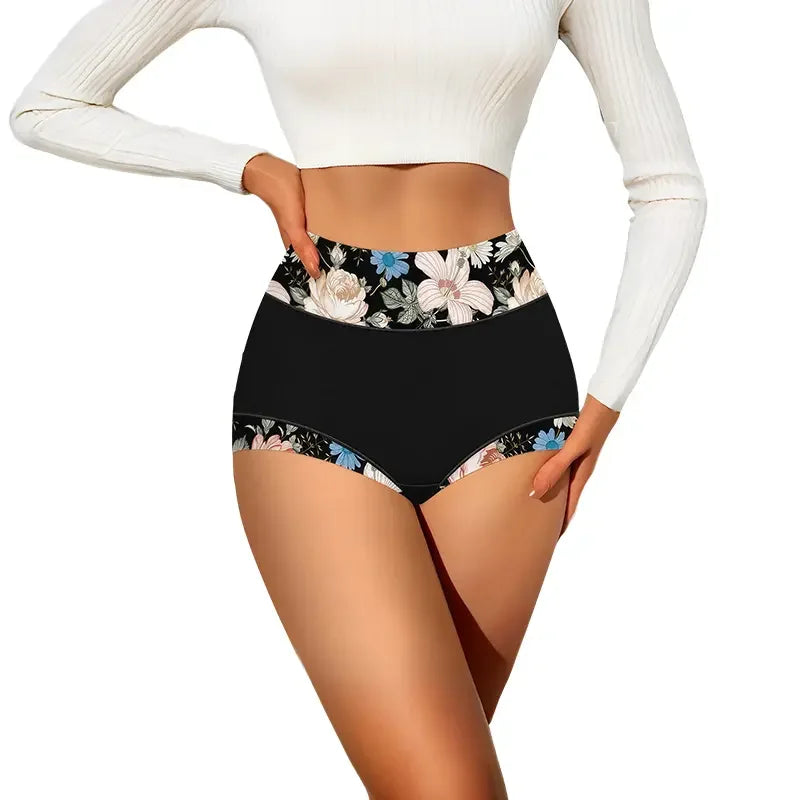 Women's Plus Size Floral Print Patchwork High Waist Briefs