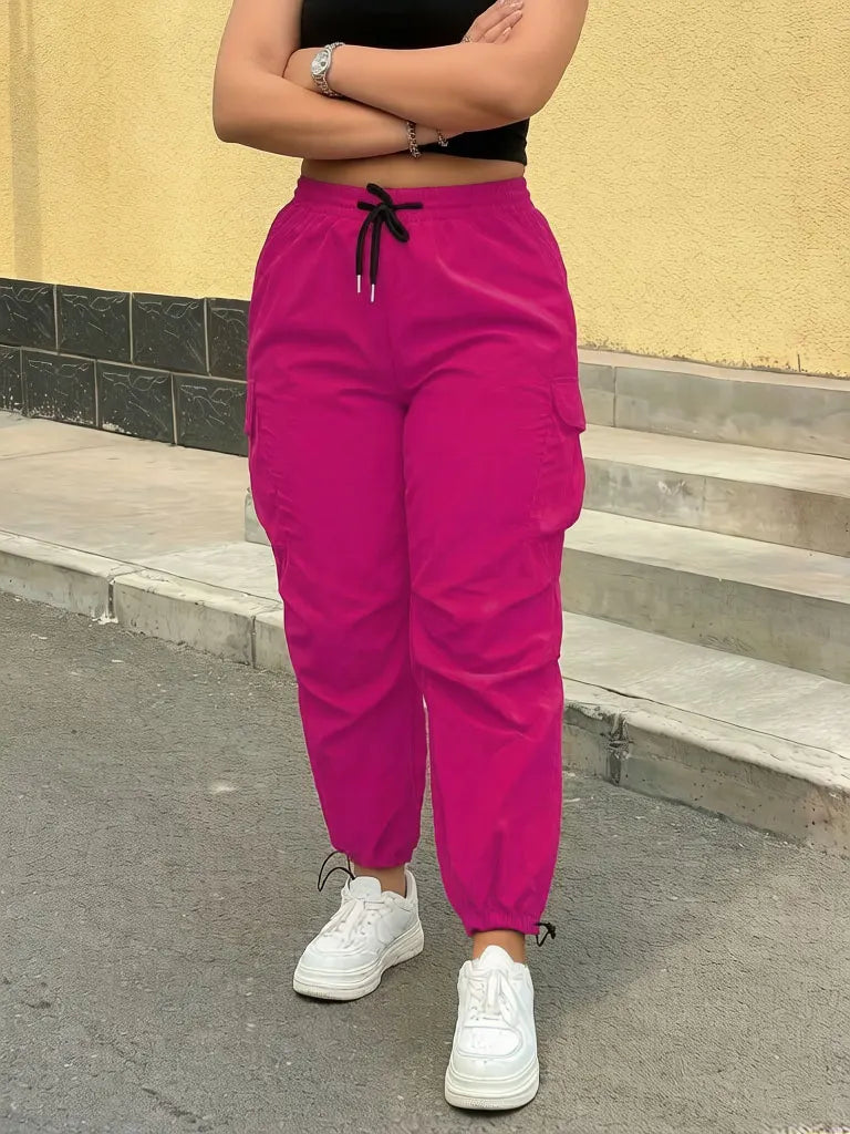 Women's Casual Streetwear Pink Cargo Pants Loose Drawstring Waist Jogger Trousers Plus Size Trendy Spring Summer Fashionable