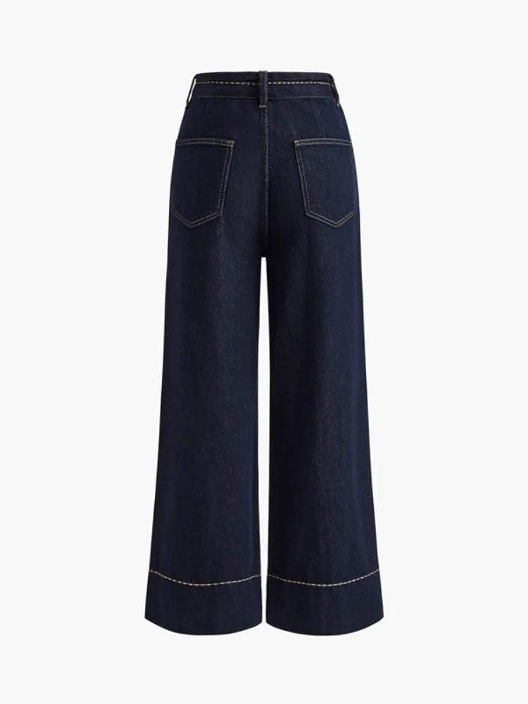 Missuoo 2026 Summer Women's Trendy Wide Leg Jeans Dark Blue High Waist Center Pleated Denim Pants with Contrast Stitching