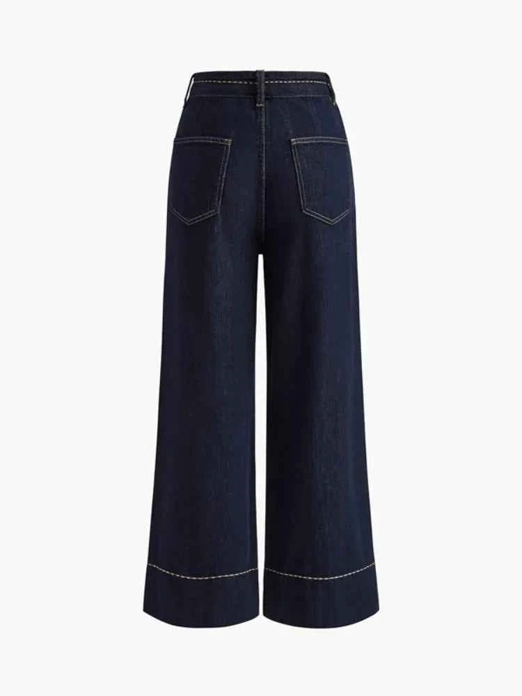 Missuoo 2026 Summer Women's Trendy Wide Leg Jeans Dark Blue High Waist Center Pleated Denim Pants with Contrast Stitching