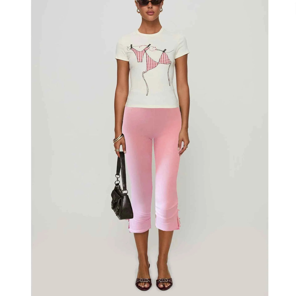 ONE TO WAN Women's Y2K Cute Capri Pants Solid Color Satin Bow Decor Side Split Summer Slim CroppedTrousers Stretch Crop Leggings