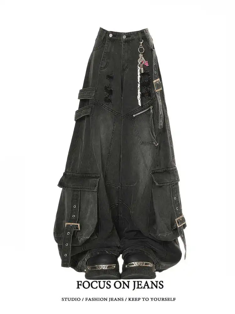 Black Jeans Women American Style Y2K 90S Vintage High Waisted Jean Straight Trouser Streetwear Casual Loose Wide Leg Denim Pants