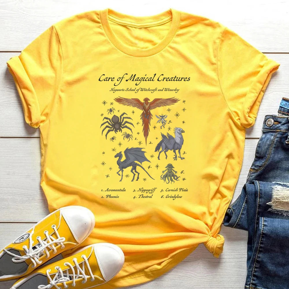 Vintage Magic School T-shirt Magical Creatures Graphic Tee Wizarding World Shirt HP Magic Movie Aesthetic Clothes Bookish Tshirt