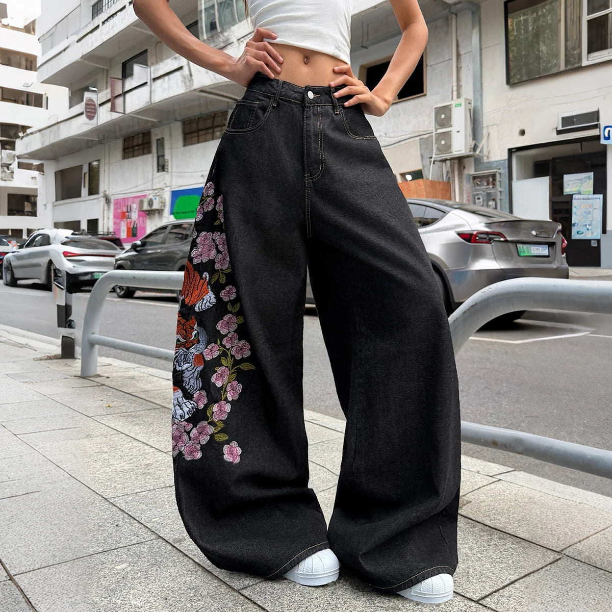 American Retro Tiger Flower Embroidered Black Loose Wide-Leg Jeans For Women, Street Hip-Hop Fashionable And Versatile Trousers