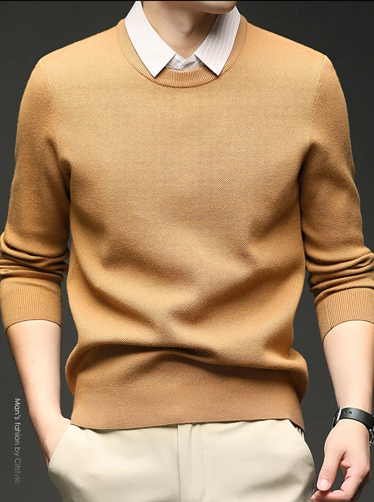Men's 500g Wool-Blend Knit Sweater - Camel Fake Layered Collar (Black/Navy/Light Gray) Vintage Business Casual Style