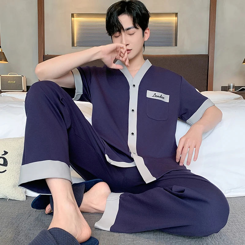 Men's Japanese Kimono Casual Fashion Solid Color Cardigan Loose Summer Short-Sleeved Pajamas with long pants Home Comfort Wear